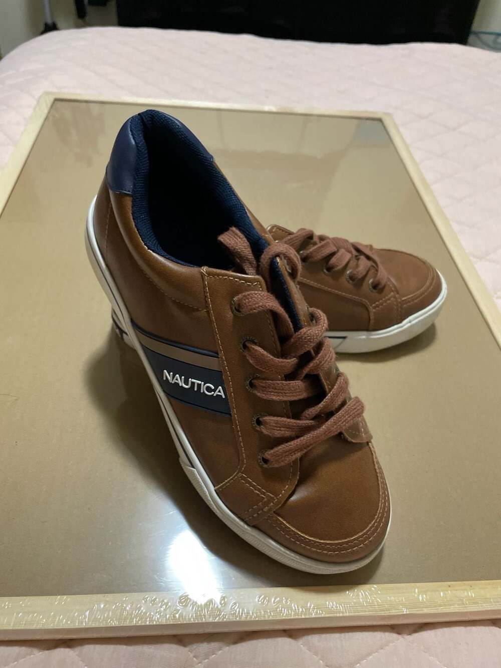 Nautica Boys Adish 3 Brown Faux Leather Casual Lace-Up Sneakers